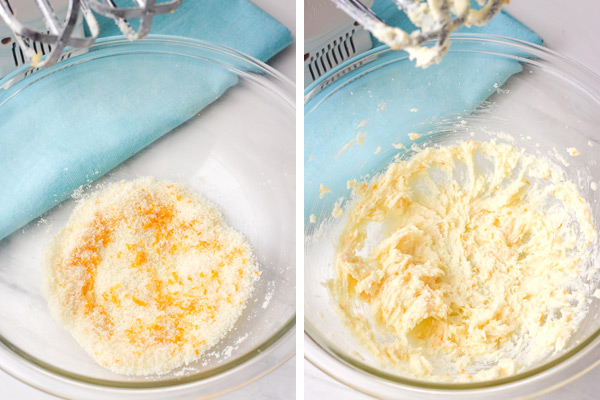 A glass bowl with sugar and orange zest and whipped butter.