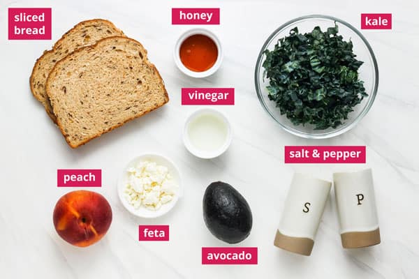 Peach toast ingredients arranged on a table and labeled.