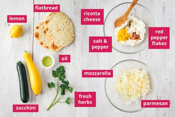 Recipe ingredients arranged on a table and labeled.