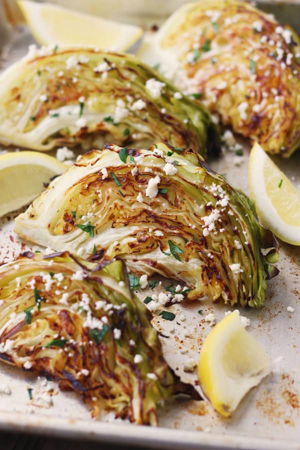 roasted cabbage wedges with feta and lemon.