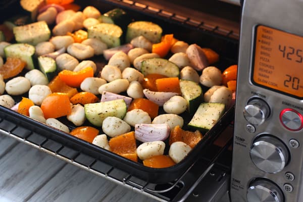 Gnocchi and Vegetables roasting in a toaster oven