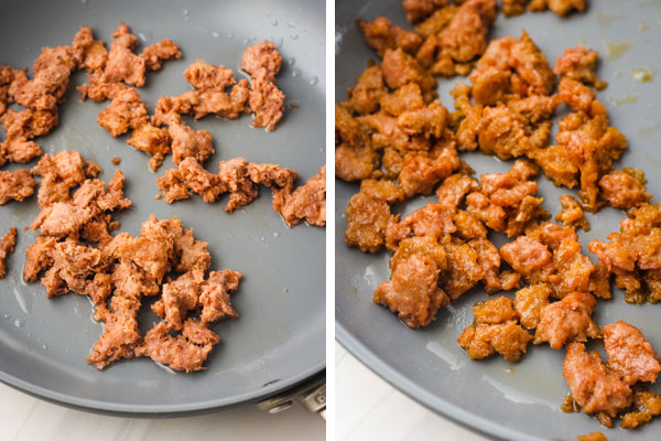 Raw and cooked vegetarian sausage in a skillet.