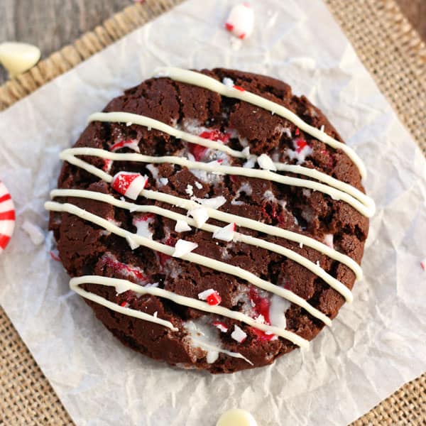 Chocolate peppermint cookie drizzled with melted white chocolate.