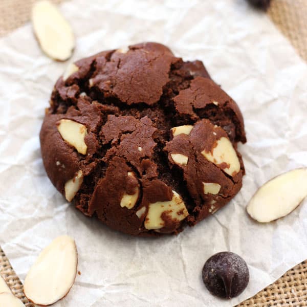 Chocolate cookie bursting with sliced almonds and chocolate chips.