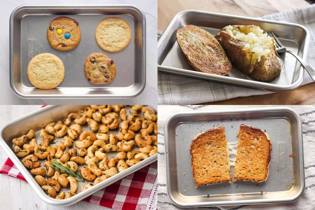 Cookies, nuts, potato, and grilled cheese on a small eighth sheet pan.