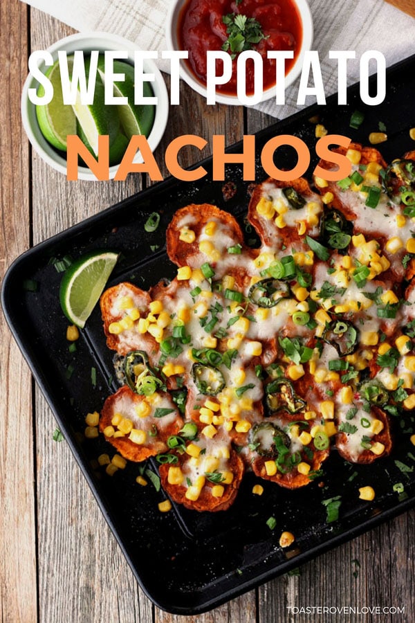 Sweet potato nachos on a toaster oven baking pan.