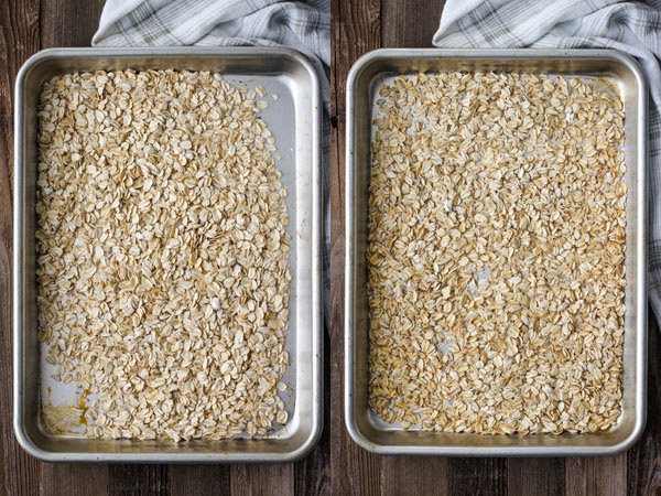 A pan of untoasted oats and a pan of toasted oats on a wooden table.