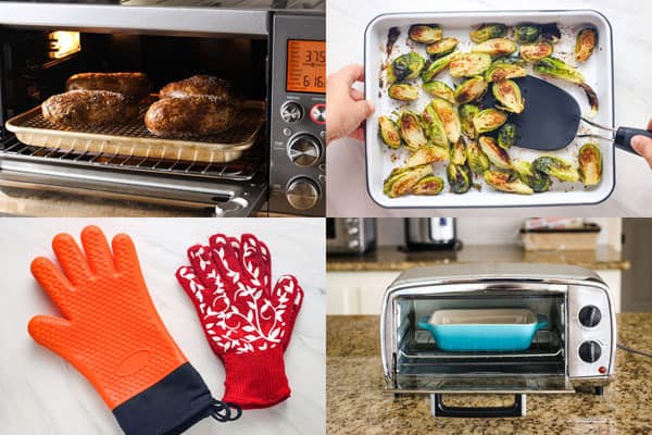 Orange and red oven gloves, small toaster oven, pan of Brussels sprouts, and potatoes baking in a toaster oven.