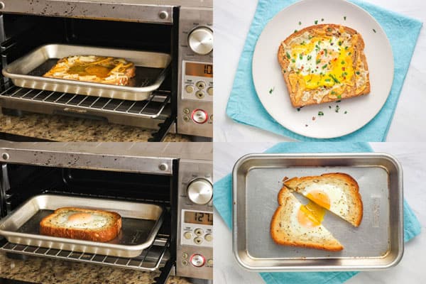 Sheet pan with toast baking inside a toaster oven.