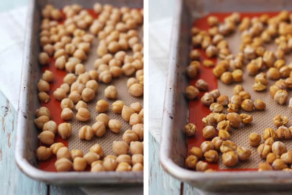 Canned chickpeas on a baking sheet and photo of chickpeas after dry roasting.