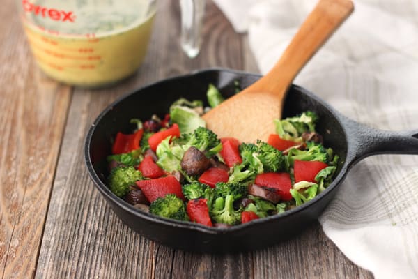 Roasted mushroom, broccoli, Brussels sprouts and red pepper in a mini skillet