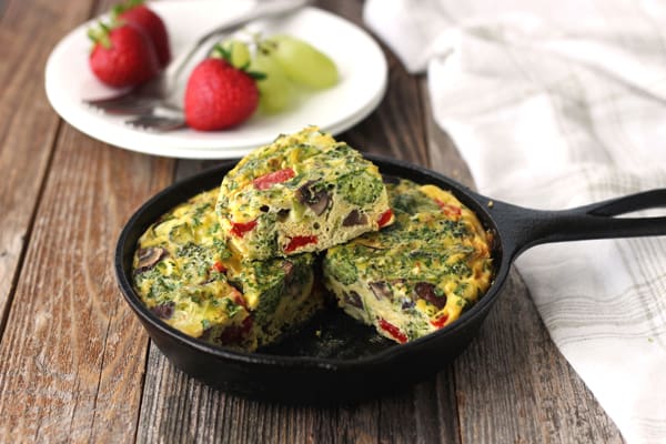 Baked toaster oven fritatta in a mini cast iron skillet.