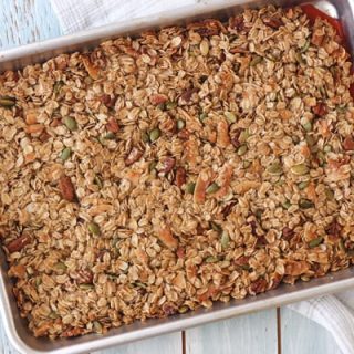 Baked granola in a quarter sheet pan