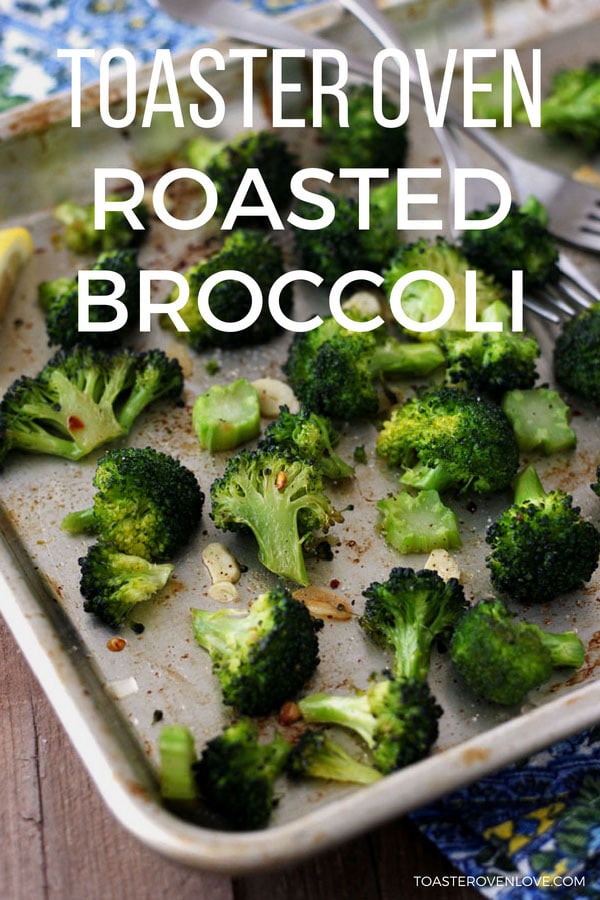 Toaster oven roasted broccoli on a baking sheet.