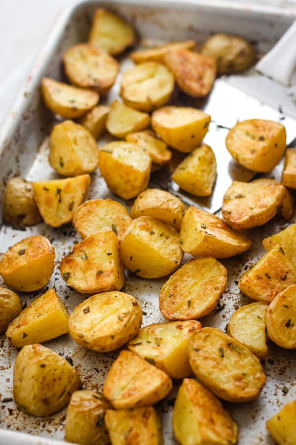 Close up of crispy toaster oven roasted rosemary potatoes.