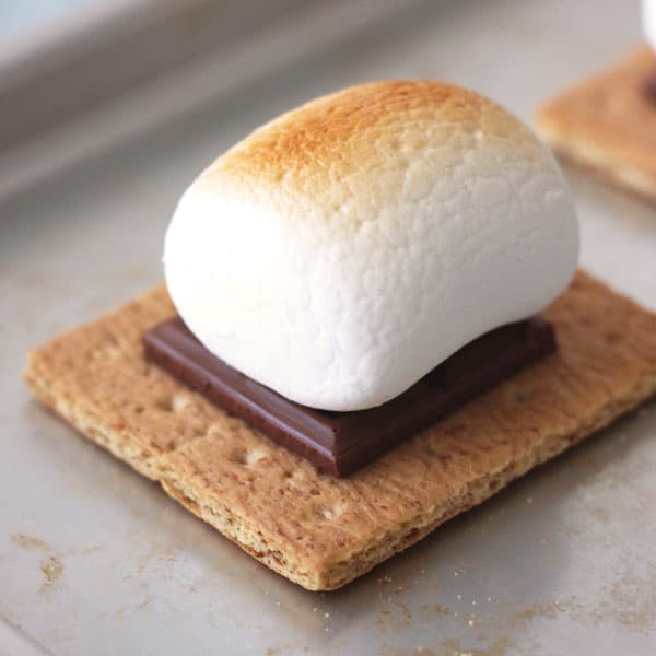 Golden toasted s'mores on a small baking sheet.