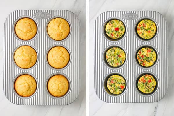 Overhead view of corn muffins and frittatas in USA muffin pan.