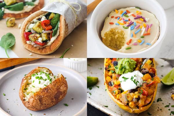 Stuffed spaghetti squash, baked potato on plate, cake in ramekin, and pita wrap.